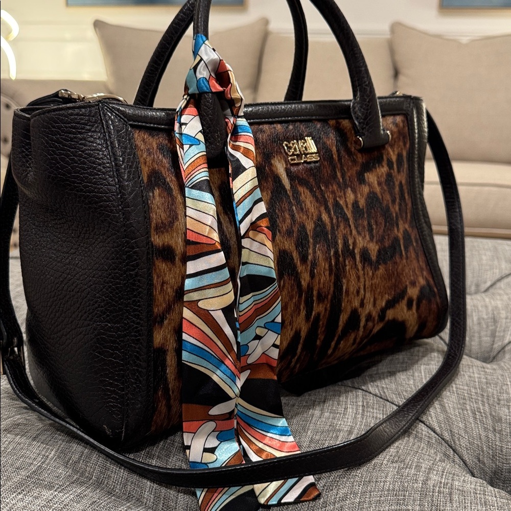 Roberto Cavalli Class Tote Satchel Brown Leopard Calf Hair Leather Bag - Picture 3 of 17
